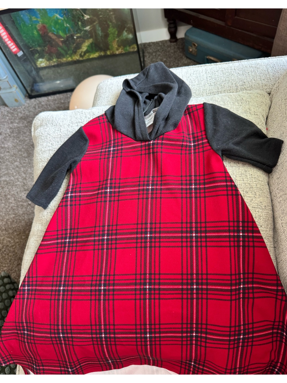 Girls' Red Plaid Hooded Dress with Black Sleeves